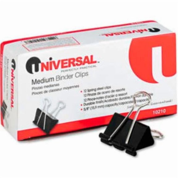 United Stationers Supply B1449666 Universal Medium Binder Clips - Steel Wire - 0.625 in. Capacity - 1.25 in. Wide - Black & Silver