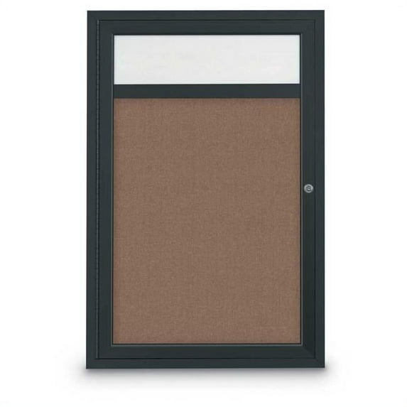 United Visual Products  24 x 36 in. Single Door Traditional Indoor Enclosed Corkboard with Header, Pumice Fabric Backing Board & Black Anodized Aluminum Frame
