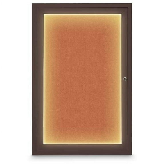 United Visual Products 24 x 36 in. Single Door Traditional Indoor Illuminated Enclosed Corkboard with Apricot Fabric Backing Board & Bronze Anodized Aluminum Frame