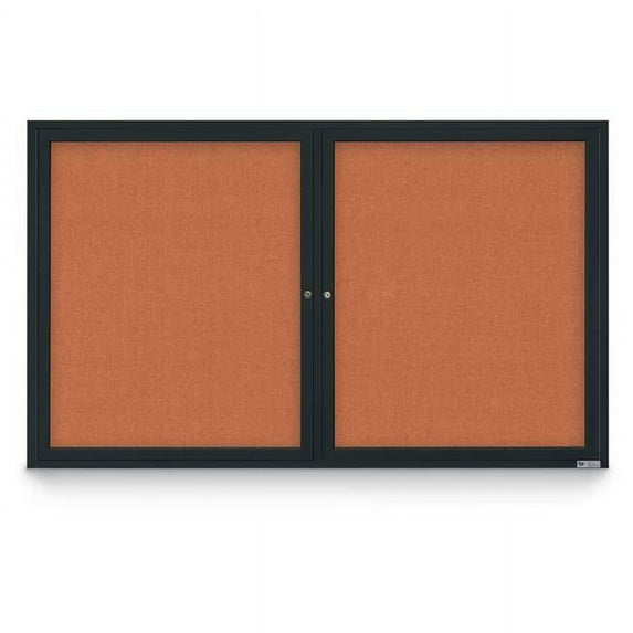 United Visual Products  60 x 36 in. Double Door Traditional Indoor Enclosed Corkboard with Apricot Fabric Backing Board & Black Anodized Aluminum Frame