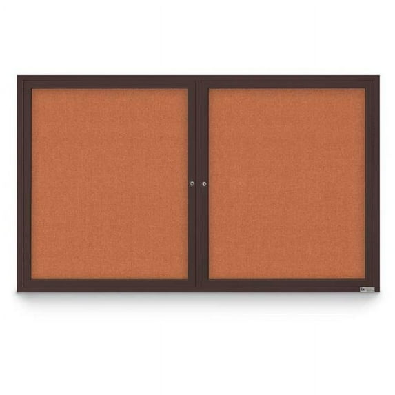 United Visual Products 60 x 36 in. Double Door Traditional Indoor Enclosed Corkboard with Apricot Fabric Backing Board & Bronze Anodized Aluminum Frame