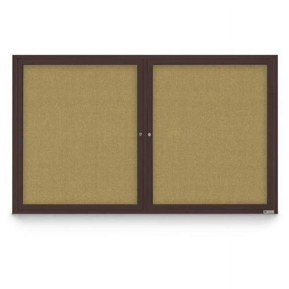 United Visual Products  60 x 36 in. Double Door Traditional Indoor Enclosed Corkboard with Keylime Fabric Backing Board & Bronze Anodized Aluminum Frame