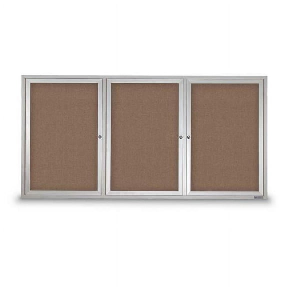 United Visual Products 72 x 36 in. Triple Door Traditional Indoor Enclosed Corkboard with Pumice Fabric Backing Board & Satin Anodized Aluminum Frame