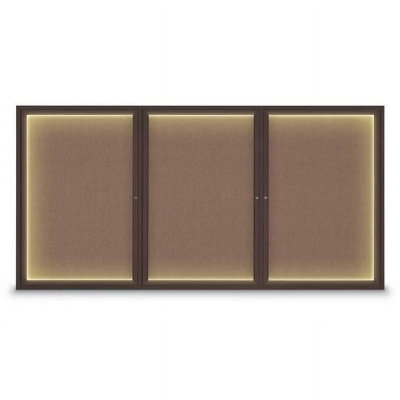 United Visual Products  96 x 48 in. Triple Door Traditional Indoor with Illumination Enclosed Corkboard with Pumice Fabric Backing Board & Bronze Anodized Aluminum Frame
