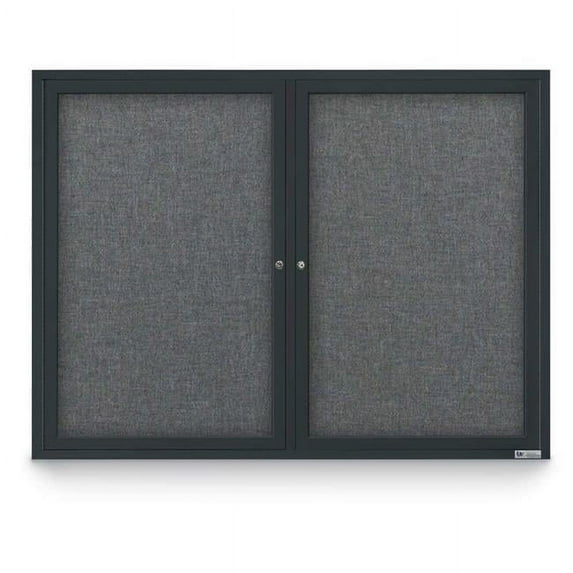 United Visual Products UV303-BLACK-MEDGRY 48 x 36 in. Double Door Traditional Indoor Enclosed Corkboard with Medium Grey Fabric Backing Board & Black Anodized Aluminum Frame