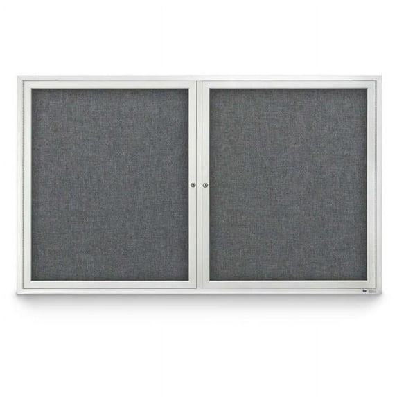 United Visual Products UV304-SATIN-MEDGRY 60 x 36 in. Double Door Traditional Indoor Enclosed Corkboard with Medium Grey Fabric Backing Board & Satin Anodized Aluminum Frame