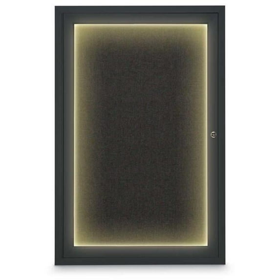 United Visual Products UV315I-BLACK-BLACK 24 x 36 in. Single Door Traditional Indoor Illuminated Enclosed Corkboard with Black Fabric Backing Board & Black Anodized Aluminum Frame