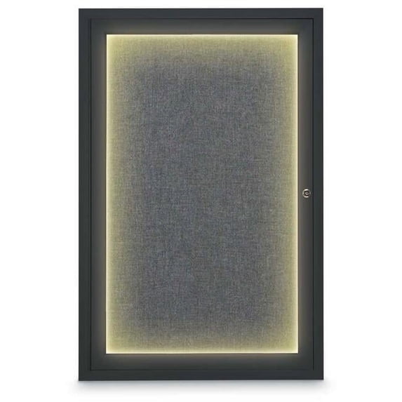 United Visual Products UV315I-BLACK-MEDGRY 24 x 36 in. Single Door Traditional Indoor Illuminated Enclosed Corkboard with Medium Grey Fabric Backing Board & Black Anodized Aluminum Frame