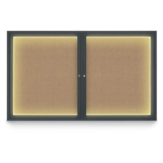 United Visual Products UV317I-BLACK-BUFF 60 x 36 in. Double Door Traditional Indoor with Illumination Enclosed Corkboard with Buff Fabric Backing Board & Black Anodized Aluminum Frame