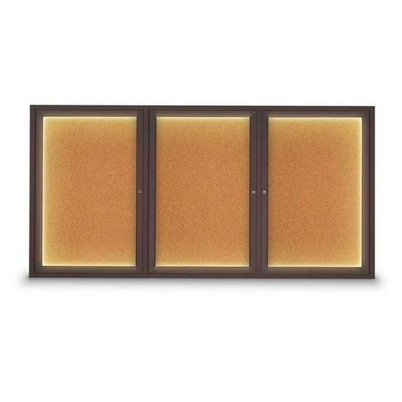 United Visual Products UV318I-BRONZE-CORK 72 x 36 in. Triple Door Traditional Indoor with Illumination Enclosed Corkboard with Natural Self-healing Cork Backing Board & Bronze Anodized Aluminum Frame