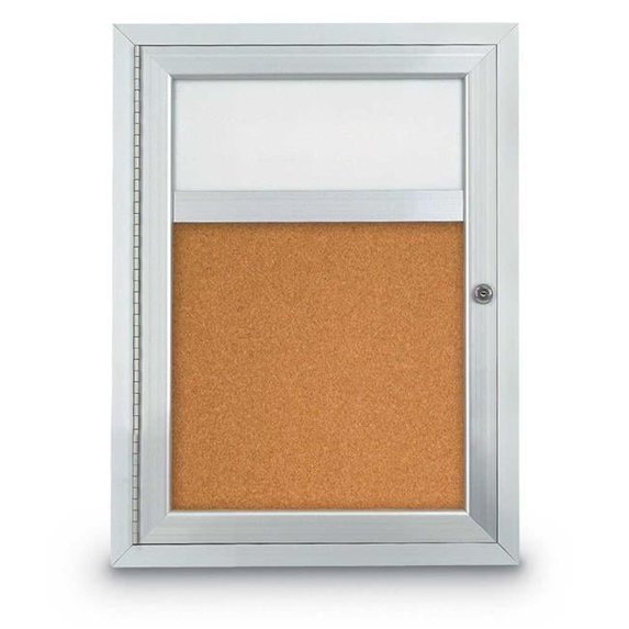 United Visual Products UV329H-SATIN-CORK 18 x 24 in. Single Door Traditional Indoor Enclosed Corkboard with Header, Cork Backing Board & Satin Anodized Aluminum Frame