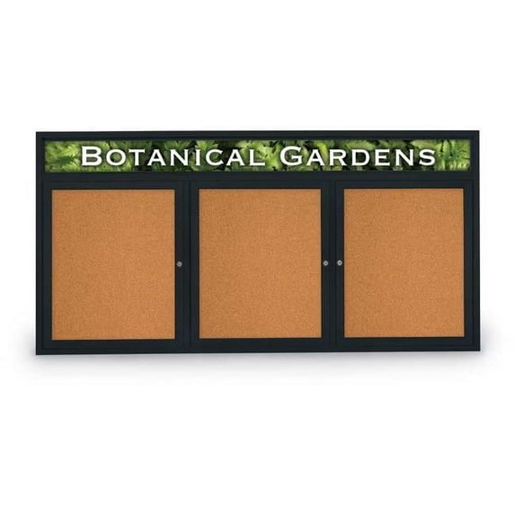 United Visual Products UV333H-BLACK-CORK 72 x 36 in. Triple Door Traditional Indoor Enclosed Corkboard with Header, Cork Board & Backing Board & Black Anodized Aluminum Frame