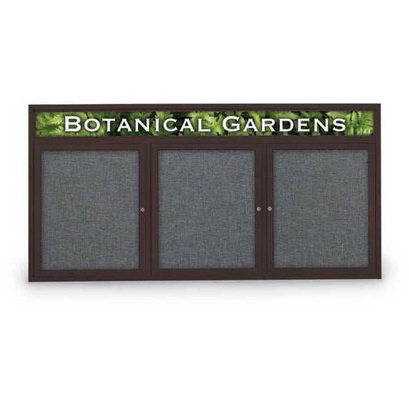 United Visual Products UV333H-BRONZE-MEDGRY 72 x 36 in. Triple Door Traditional Indoor Enclosed Corkboard with Header, Medium Grey Fabric Board & Backing Board & Bronze Anodized Aluminum Frame