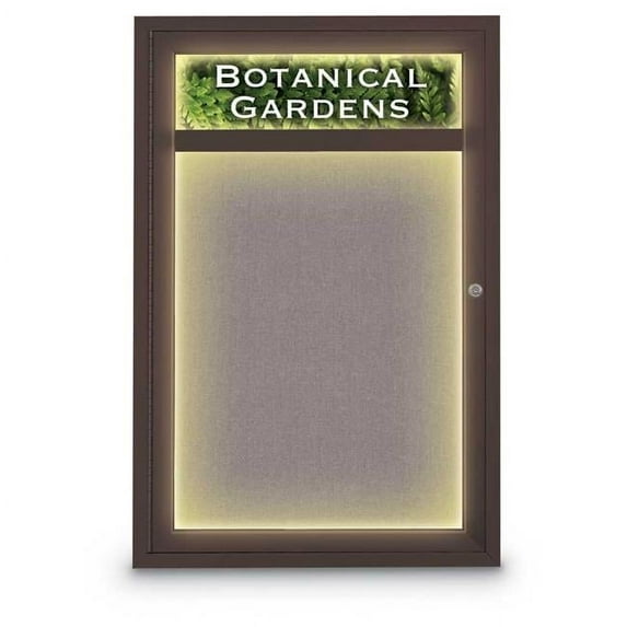 United Visual Products UV350HI-BRONZE-SURF 24 x 36 in. Single Door Traditional Indoor with Header & Illumination Enclosed Corkboard with Surf Fabric Backing Board & Bronze Anodized Aluminum Frame