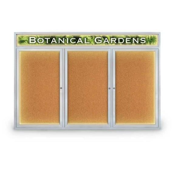United Visual Products UV354HI-SATIN-CORK 72 x 48 in. Triple Door Traditional Indoor with Header & Illumination Enclosed Corkboard with Natural Self-healing Cork & Satin Anodized Aluminum Frame