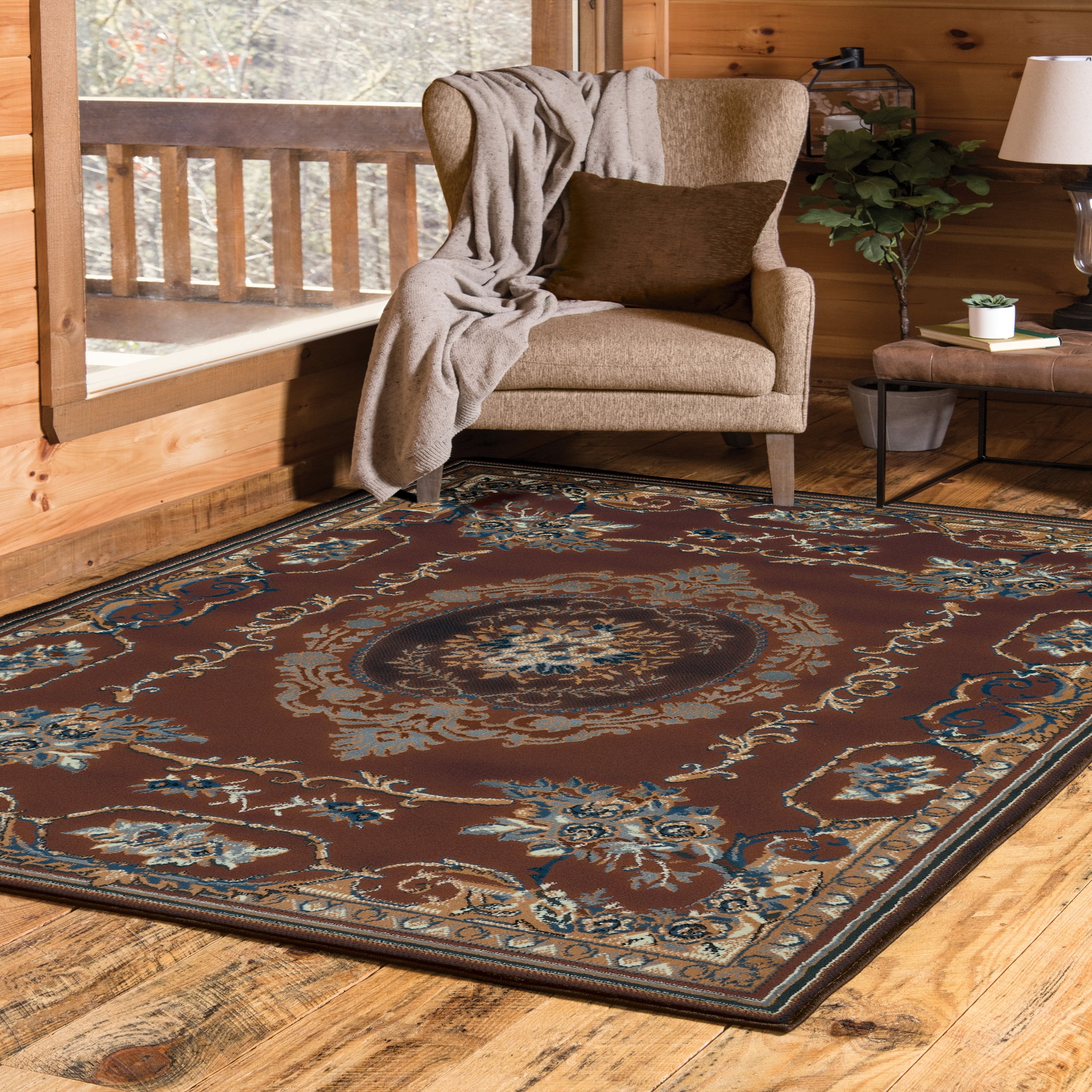 Brown and Ivory Synthetic Stain-Resistant Runner Rug, 2' x 8'