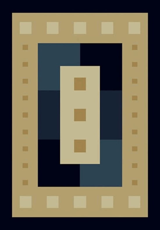 Navy and Beige Geometric Border Runner Rug, 2' x 8'