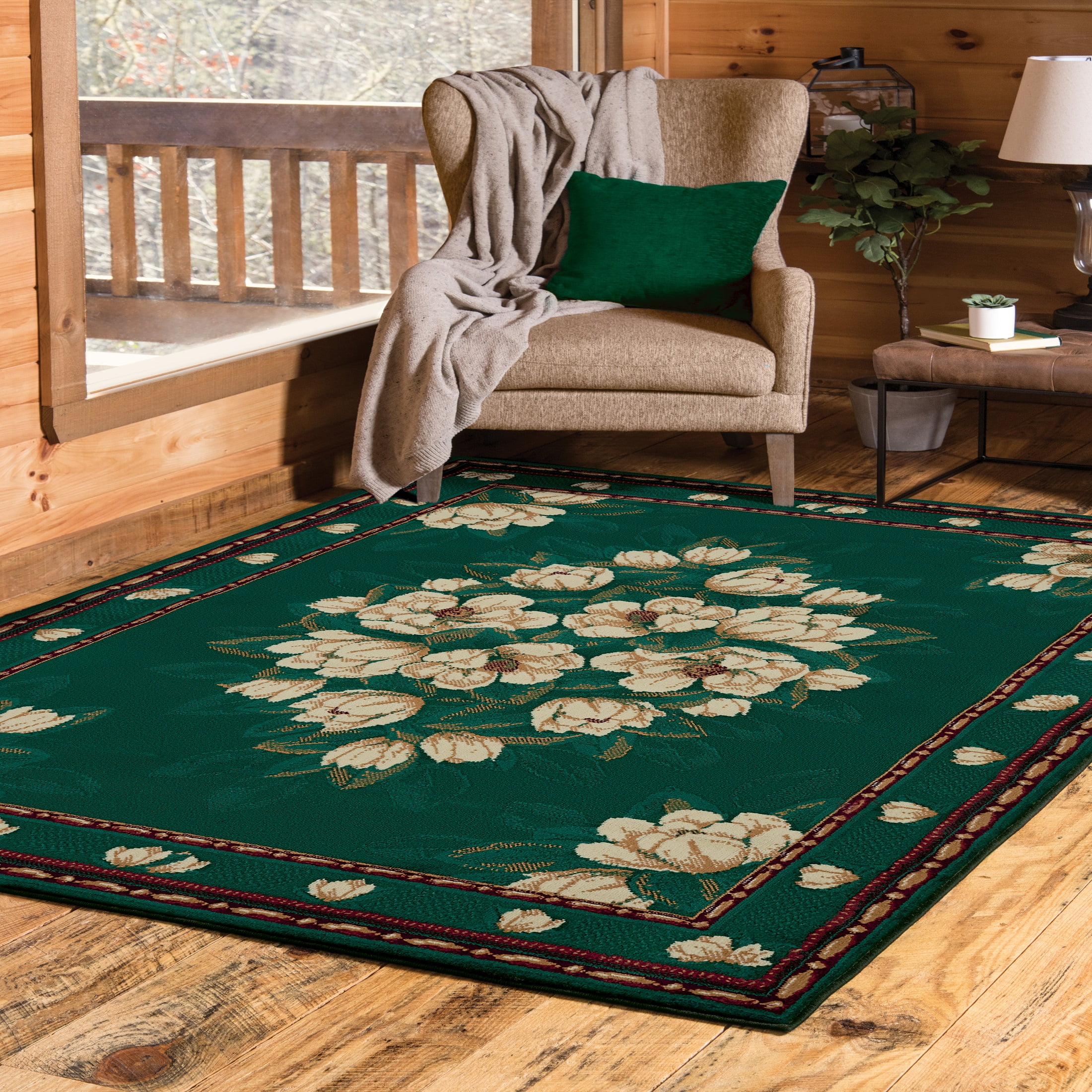 Hunter Green Floral Polypropylene Rectangular Accent Rug 2x3