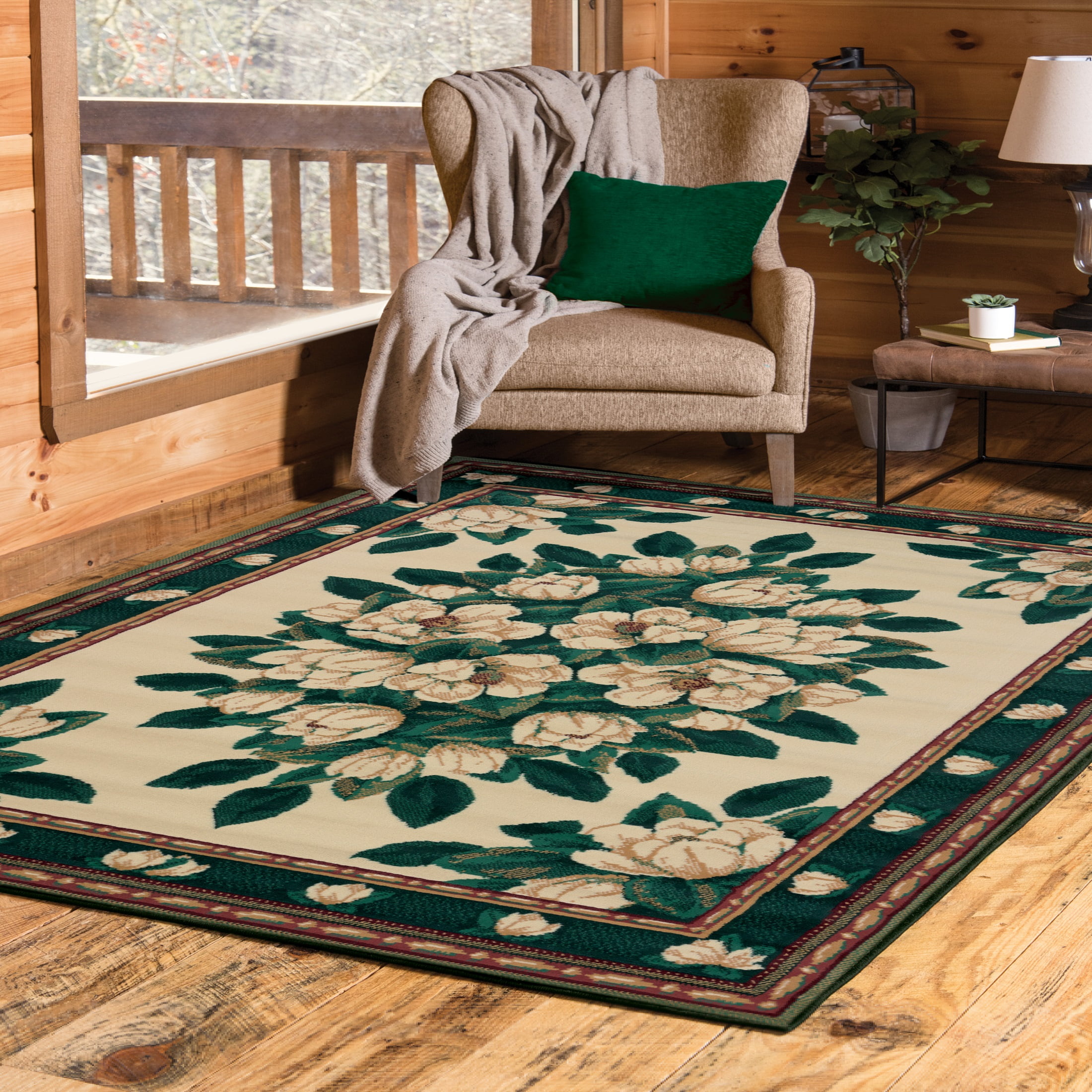 Cream Floral Border Synthetic Area Rug, 4' x 6'