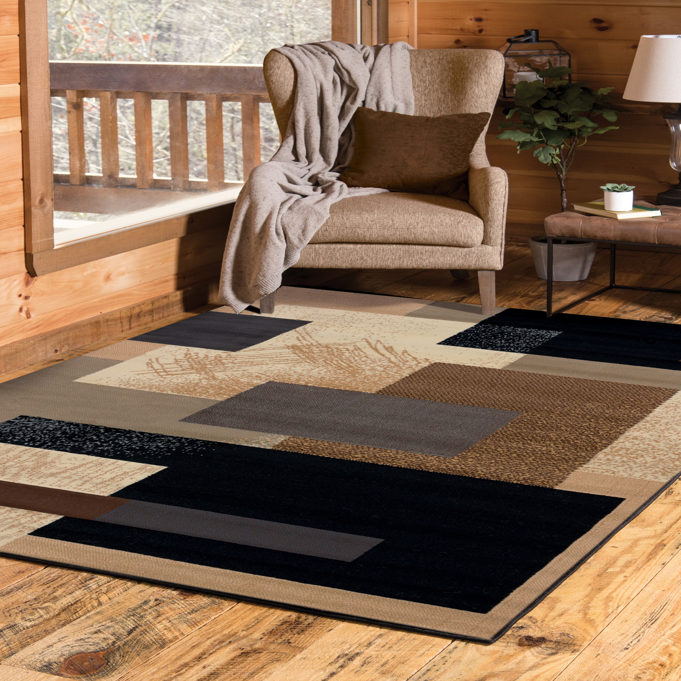 Ivory and Brown Geometric Synthetic Area Rug, 5' x 8'