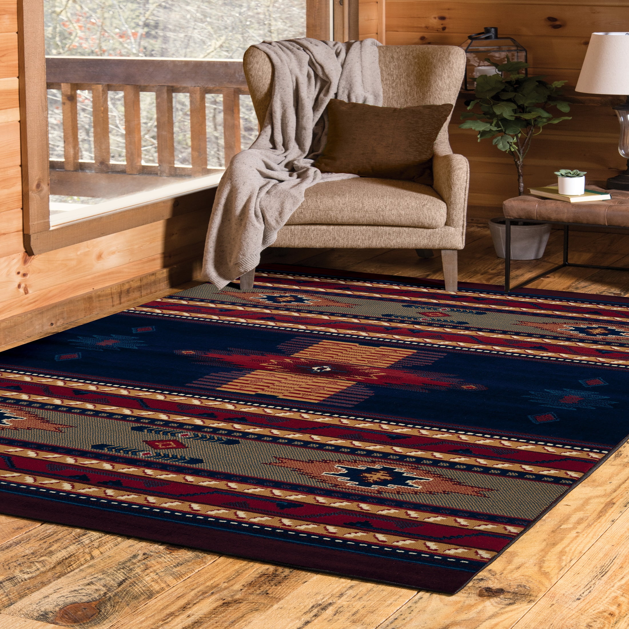 Navy and Red Southwestern Synthetic Runner Rug, 2' x 8'