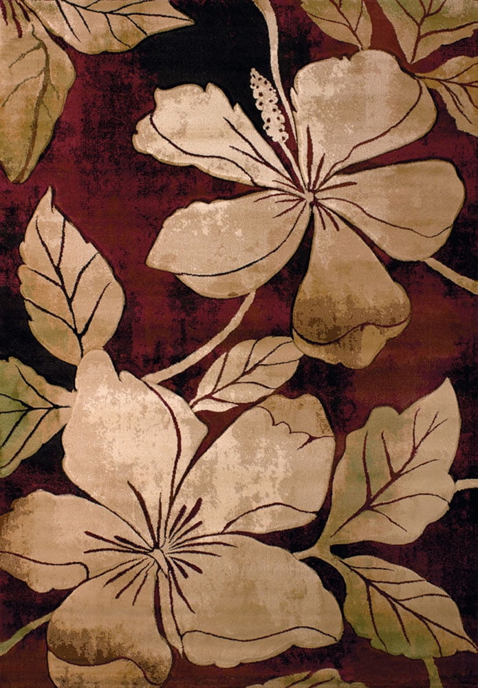 Burgundy and Green Floral Synthetic Rectangular Rug, 3' x 5'
