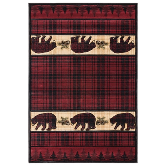 United Weavers Cottage Area Rug 2055 40834 Bear Stone Burgundy Plaid Lined 5' 3" x 7' 6" Rectangle