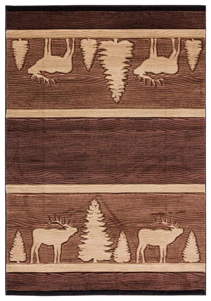 Hand-Carved Brown Lodge Rug with Deer and Tree Design, 31" x 50"