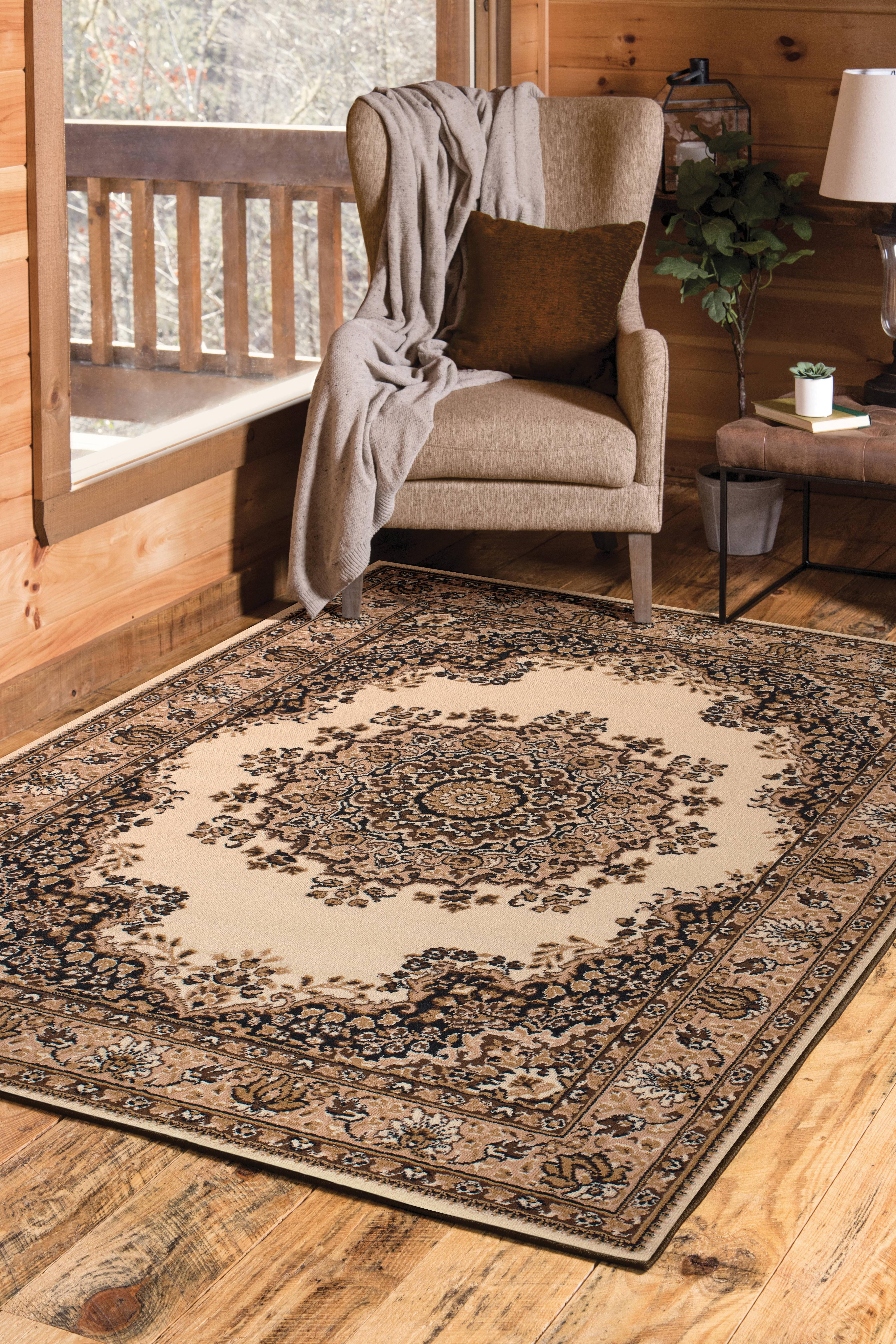 Ivory and Brown Synthetic Rectangular 5' x 7' Area Rug