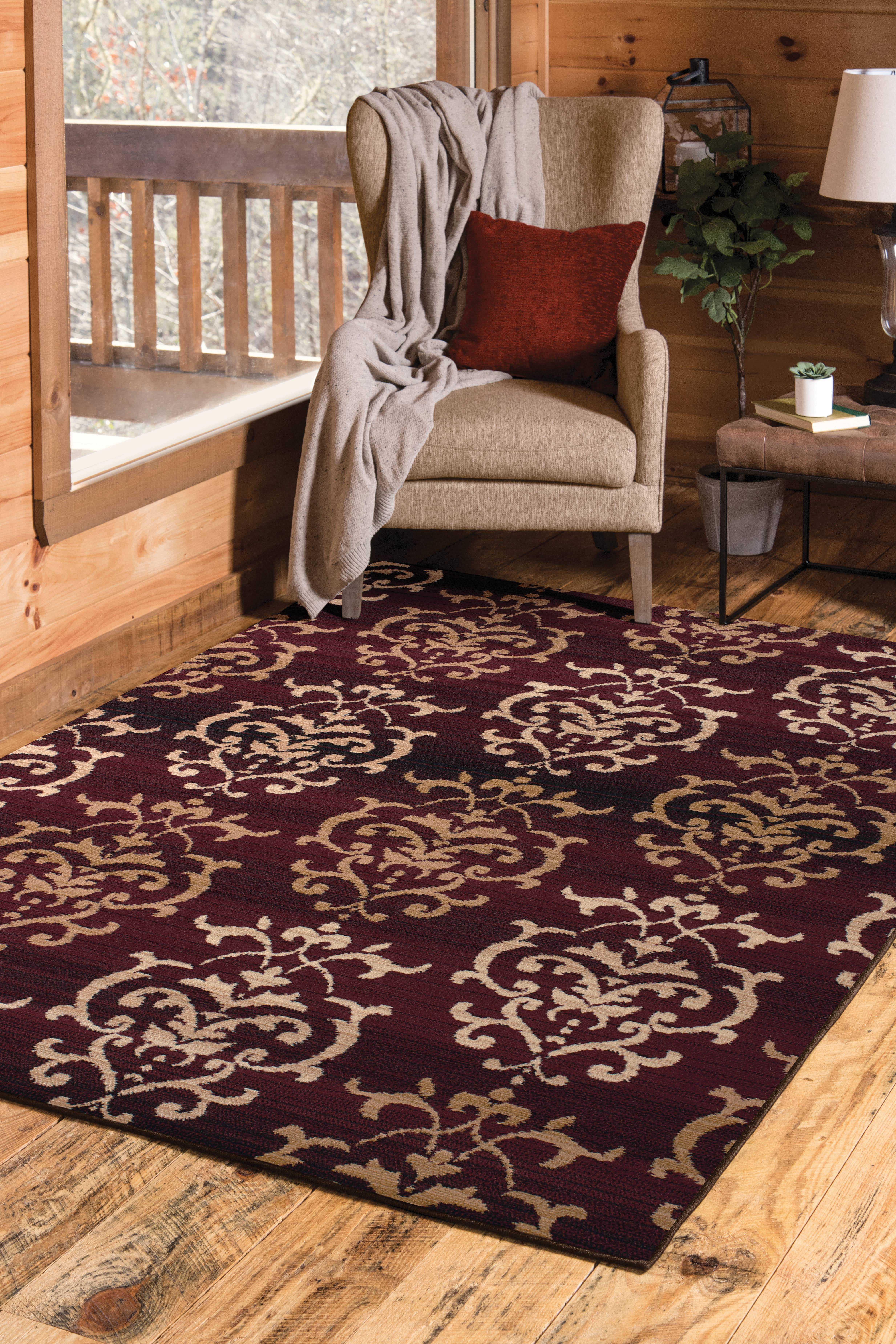 Burgundy and Beige Rectangular Synthetic Area Rug, 7'10" x 10'6"