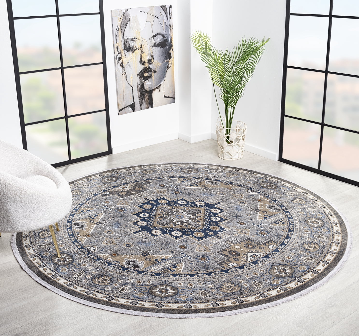United Weavers Riviera Azure Round Rug, Border Pattern, Grey, 7'11" X 7'11"