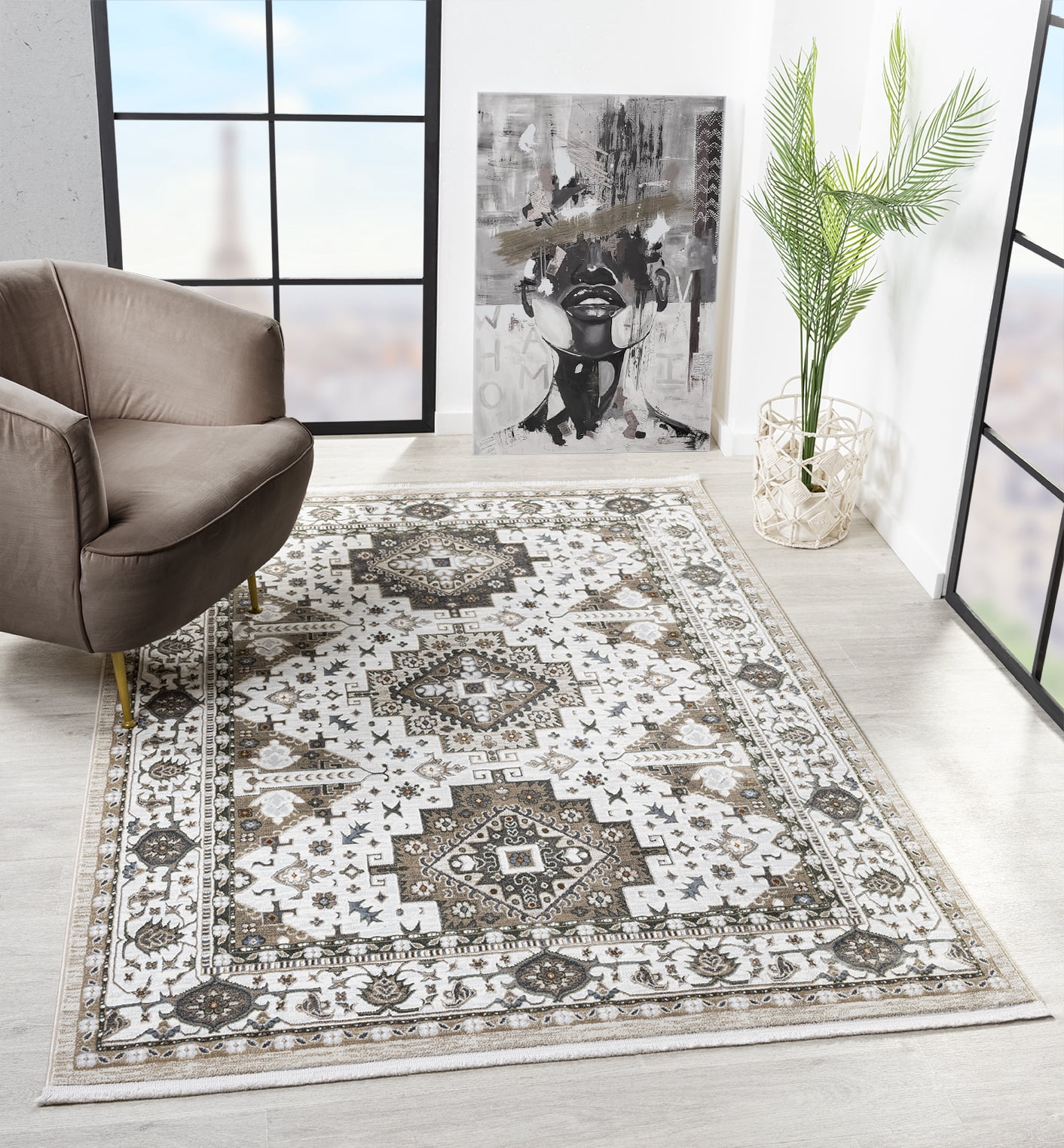 United Weavers Riviera Azure Runner Rug, Border Pattern, Cream, 2'7" X 7'2"