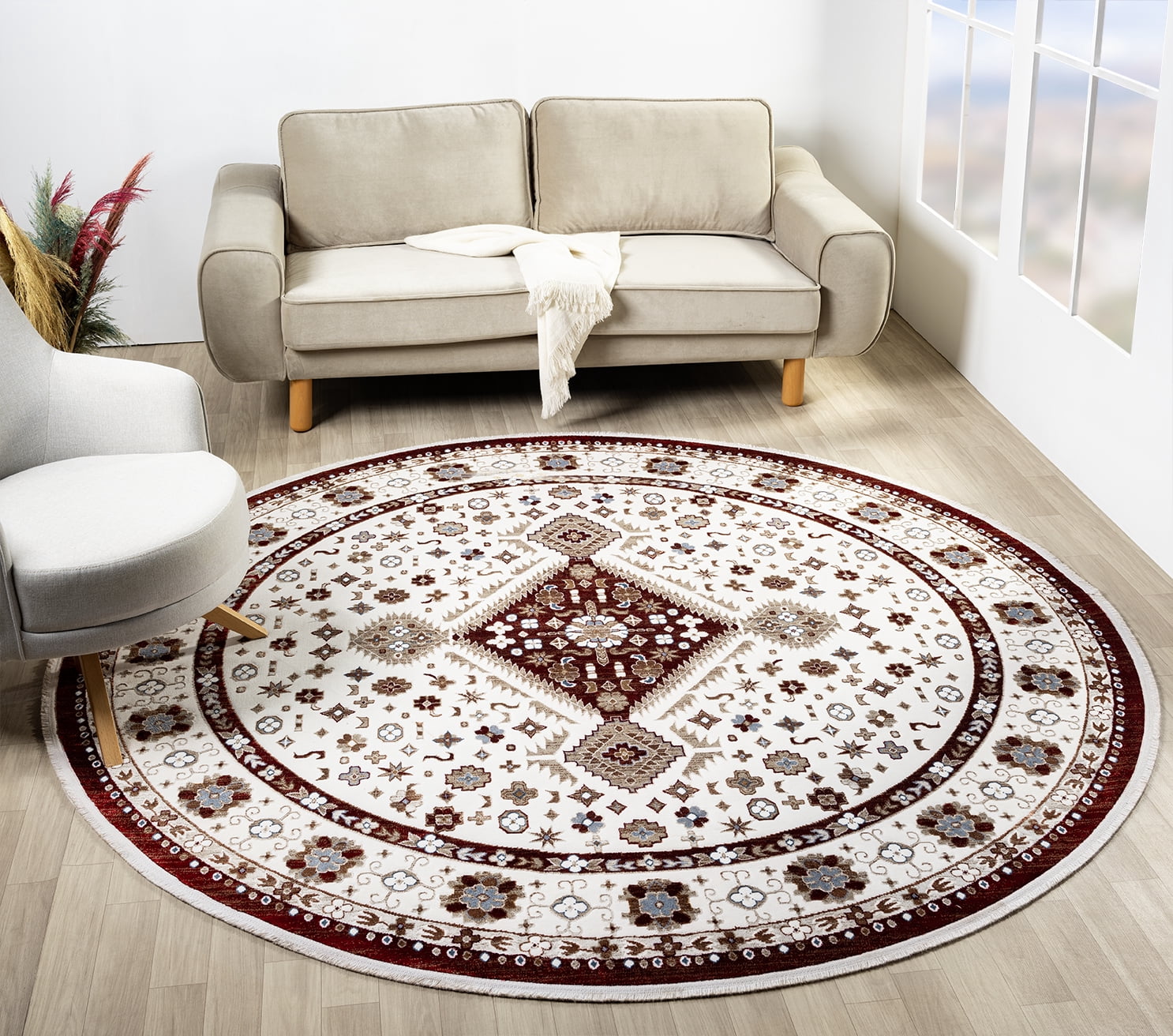 United Weavers Riviera Belva Round Rug, Border Pattern, Burgundy, 7'11" X 7'11"