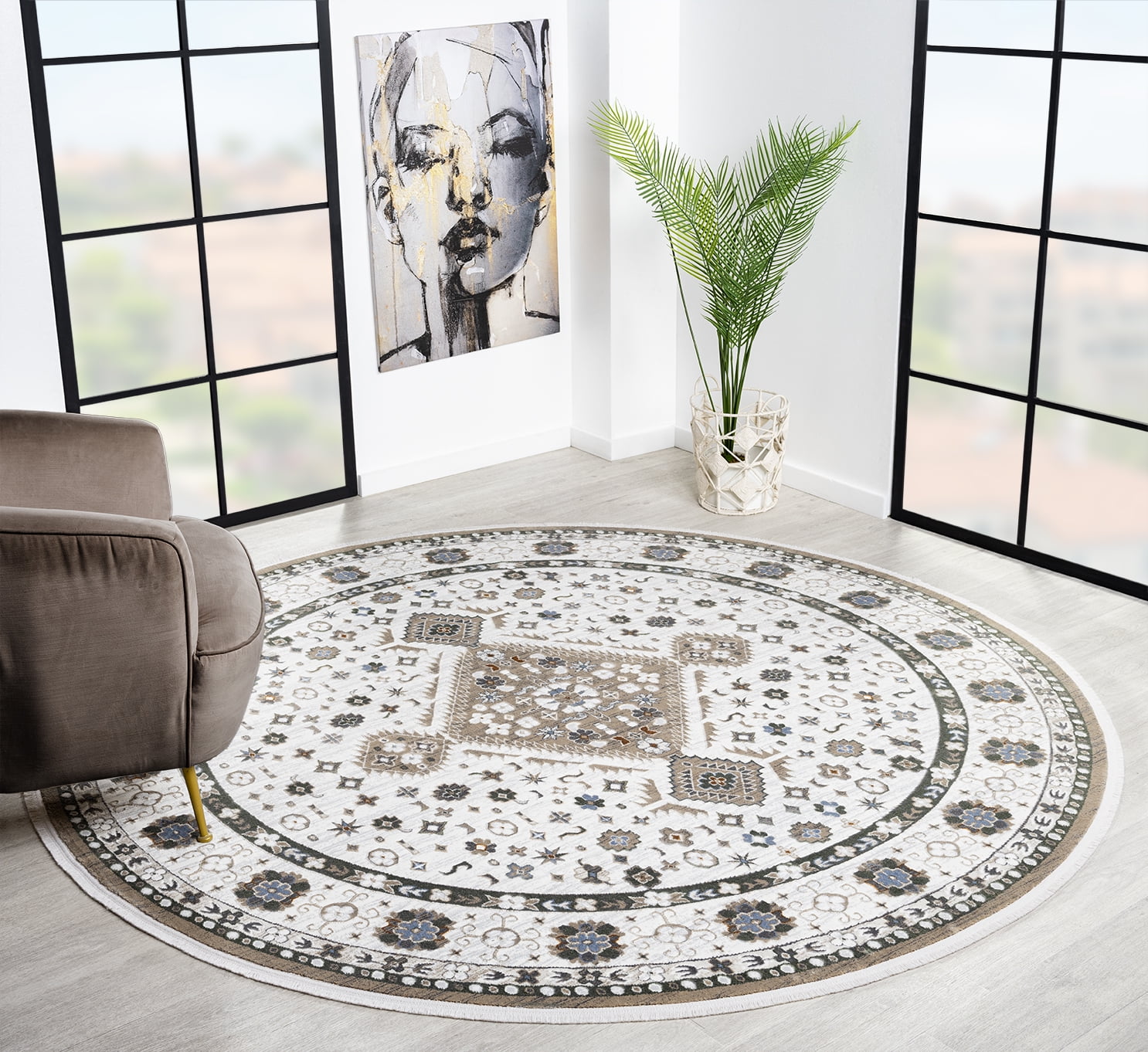 United Weavers Riviera Belva Round Rug, Border Pattern, Cream, 7'11" X 7'11"
