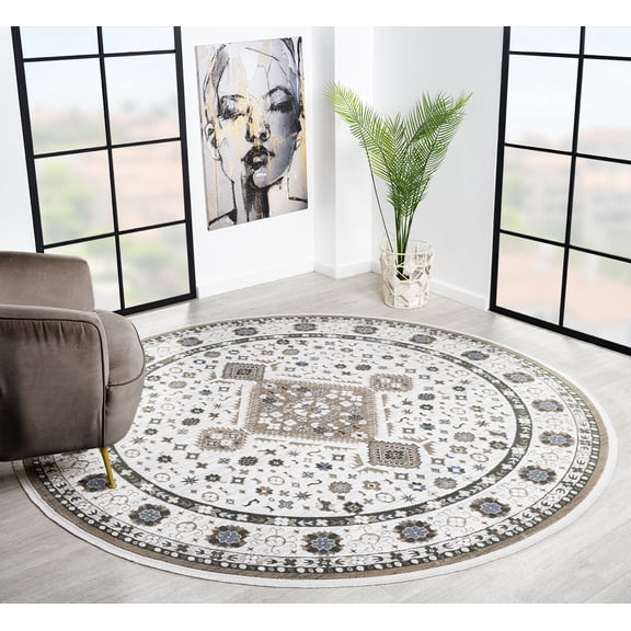 United Weavers Riviera Belva Round Rug, Border Pattern, Cream, 7'11" X 7'11"