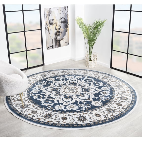 United Weavers Riviera Delora Round Rug, Border Pattern, Blue, 7'11" X 7'11"