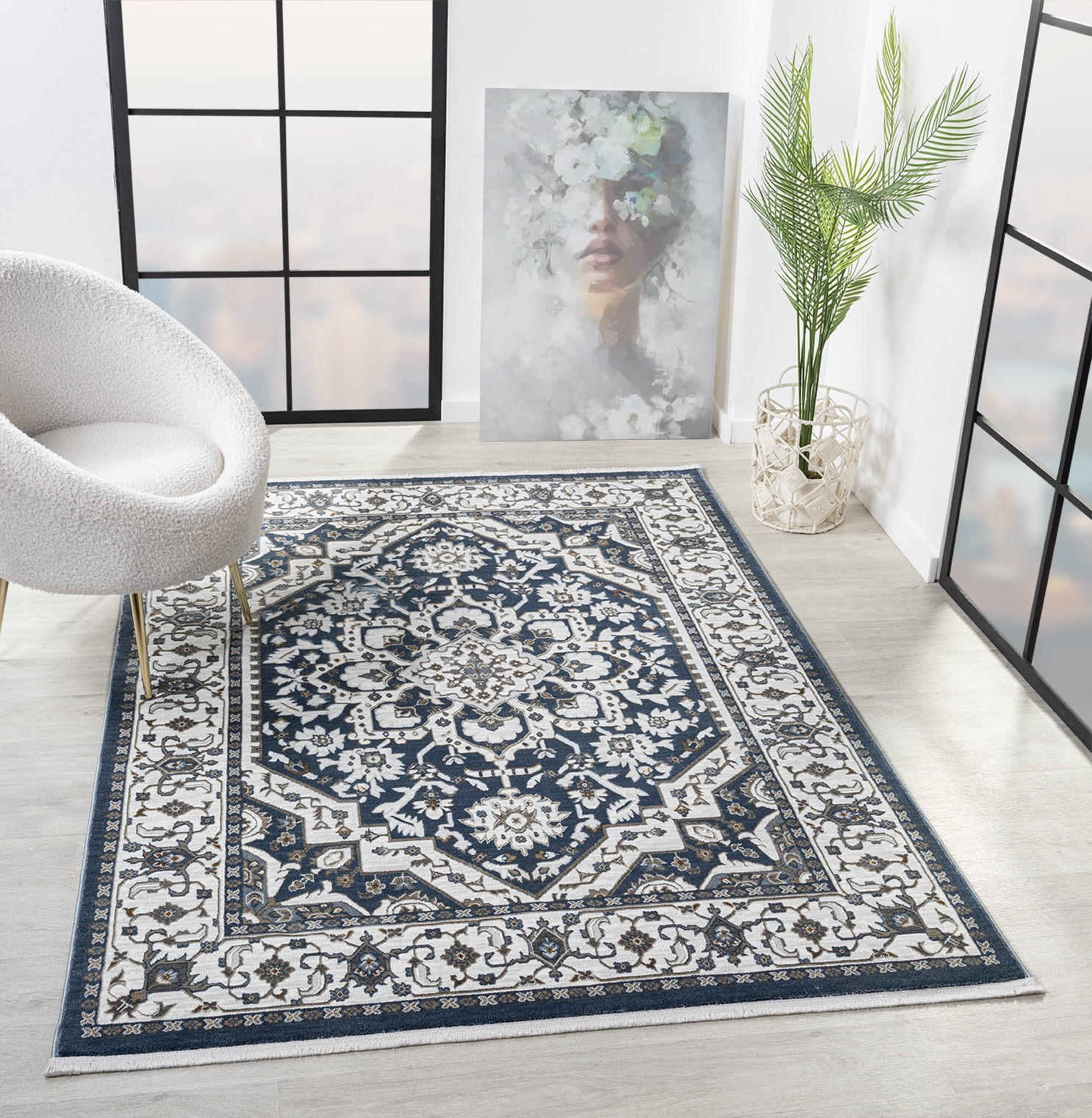 United Weavers Riviera Delora Runner Rug, Border Pattern, Blue, 2'7" X 7'2"