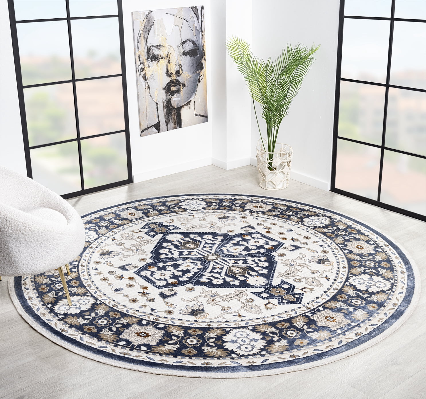 United Weavers Riviera Delphine Round Rug, Border Pattern, Blue, 7'11" X 7'11"