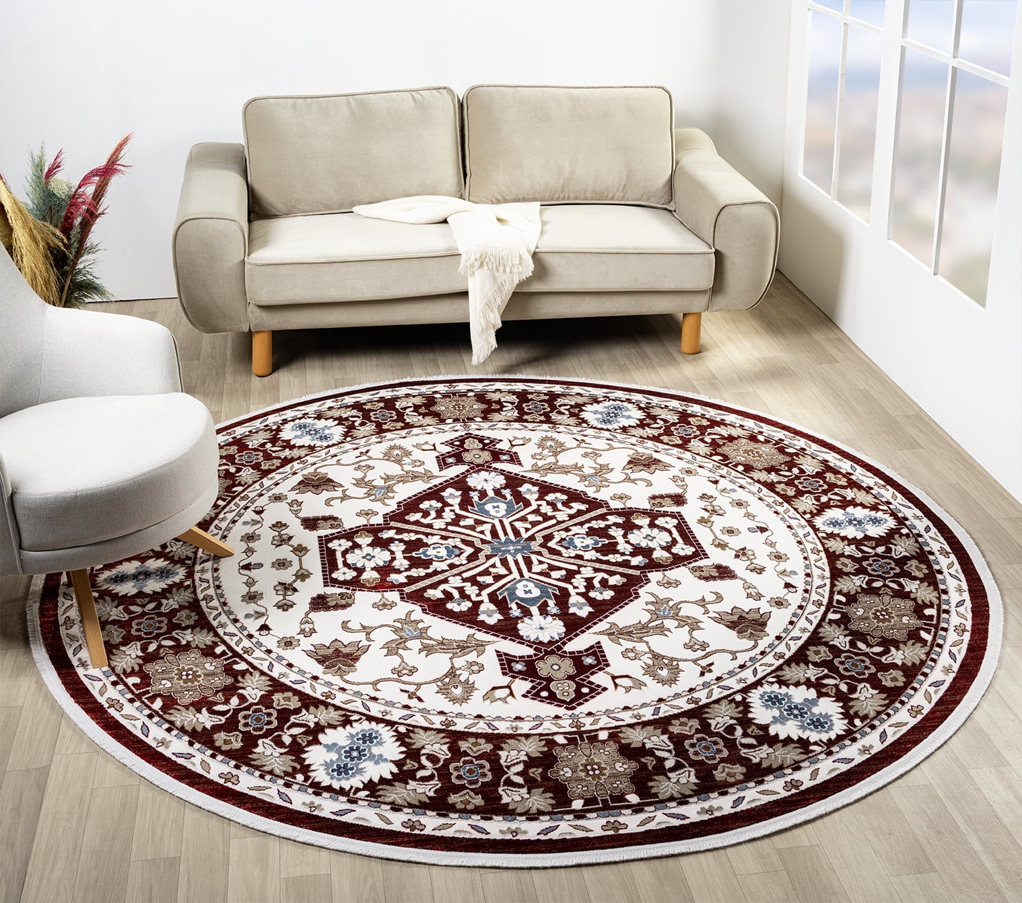 United Weavers Riviera Delphine Round Rug, Border Pattern, Burgundy, 7'11" X 7'11"