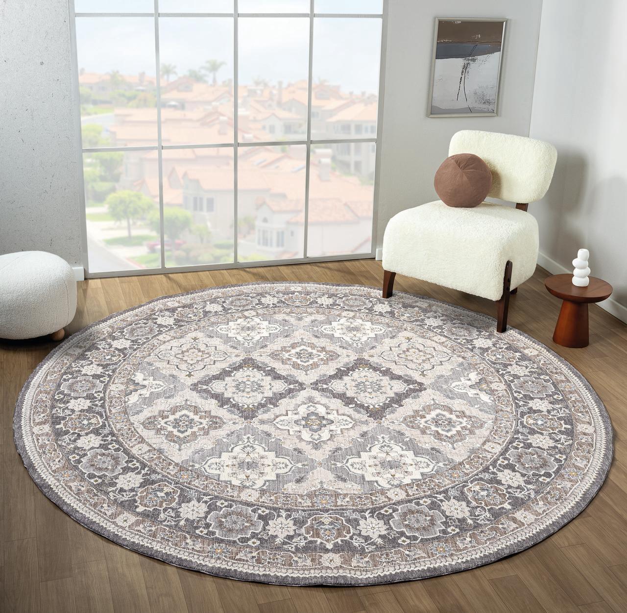 United Weavers Utopia Easton Oriental Border Round Rug, Grey, 7'11" x 7'11"