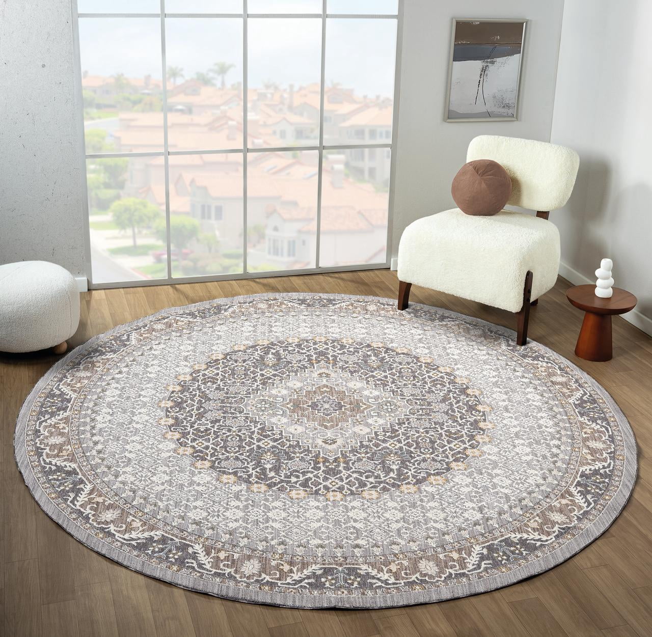 United Weavers Utopia Rosario Oriental Border Round Rug, Grey, 7'11" x 7'11"