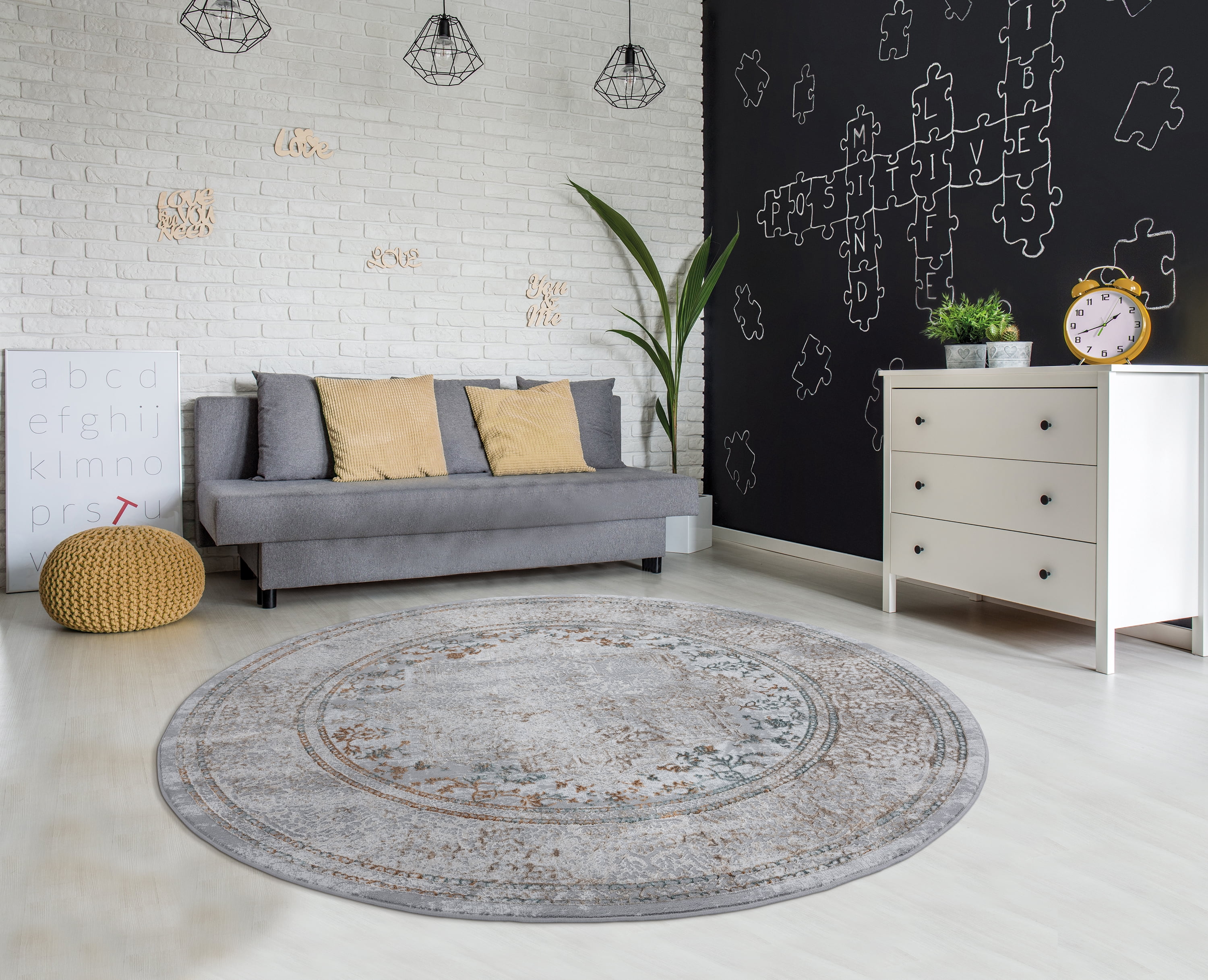 United Weavers of America Symphony Grey Bordered Medallion Round Rug, 7'10" Round