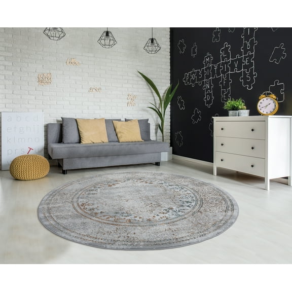 United Weavers of America Symphony Grey Bordered Medallion Round Rug, 7'10" Round