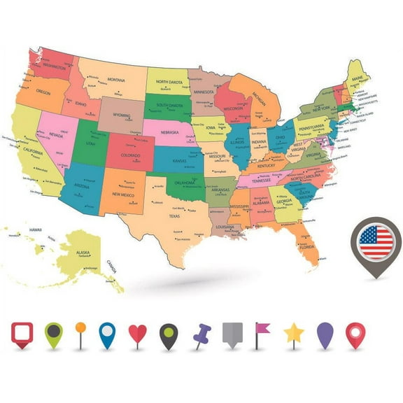 Unites States Of America Geographical Map Illustration Vinyl Home Bedroom Office Decoration Sticker - 10" x 15" DIY Stick And Peel Kids Bedroom Multicolored States Map Pins Design Adhesive Wall Decal