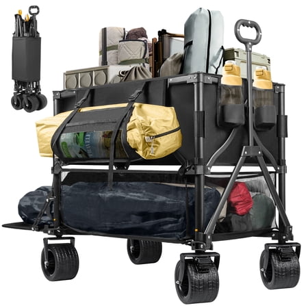 Double Decker Wagon 600lb Capacity & 400L Collapsible Sports Wagon with Big Wheels 54" for Camping Fishing & Outdoor Use