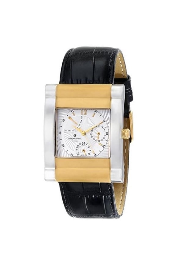 Mens IP Two-Tone Stainless Leather Band Watch - Black - 35 x 43 mm