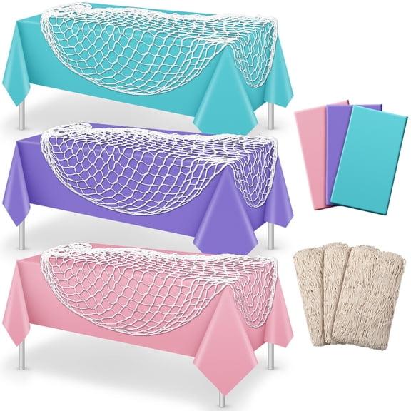Unittype 6 Pcs Fish Net Decorative and Tablecloth Set, Cotton Fishnet and Plastic Table Cover Decorations Set for Nautical Themed Party Baby Shower Pirate Decorations Mermaid Party(Fresh Color) Y102