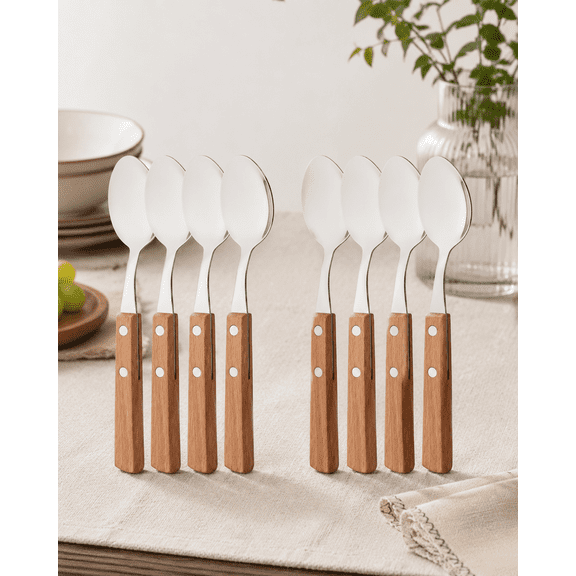 Uniturcky Rustic Wooden Dinner Spoons, 8-Pack 7.9-Inch Stainless Steel Spoons with Natural Wood Handles, Riveted Handle Design, Eco-Friendly Flatware Set for Everyday Use
