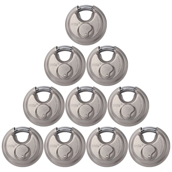 Unity 2-3/4''(70mm) Keyed Alike Disc Padlock, Stainless Steel with Key Away Cover for Self-storage, Container, Trailer use (10 Pack)
