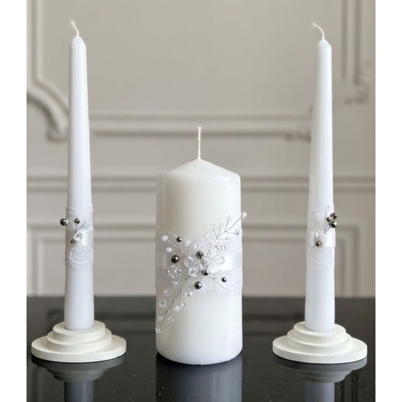 Unity Candle Set - Wedding Ceremony & Reception 6 Pillar & Two 10 Taper Candles Long Burning Unity Candles for Marriage Ritual Handmade in USA Diamond | White